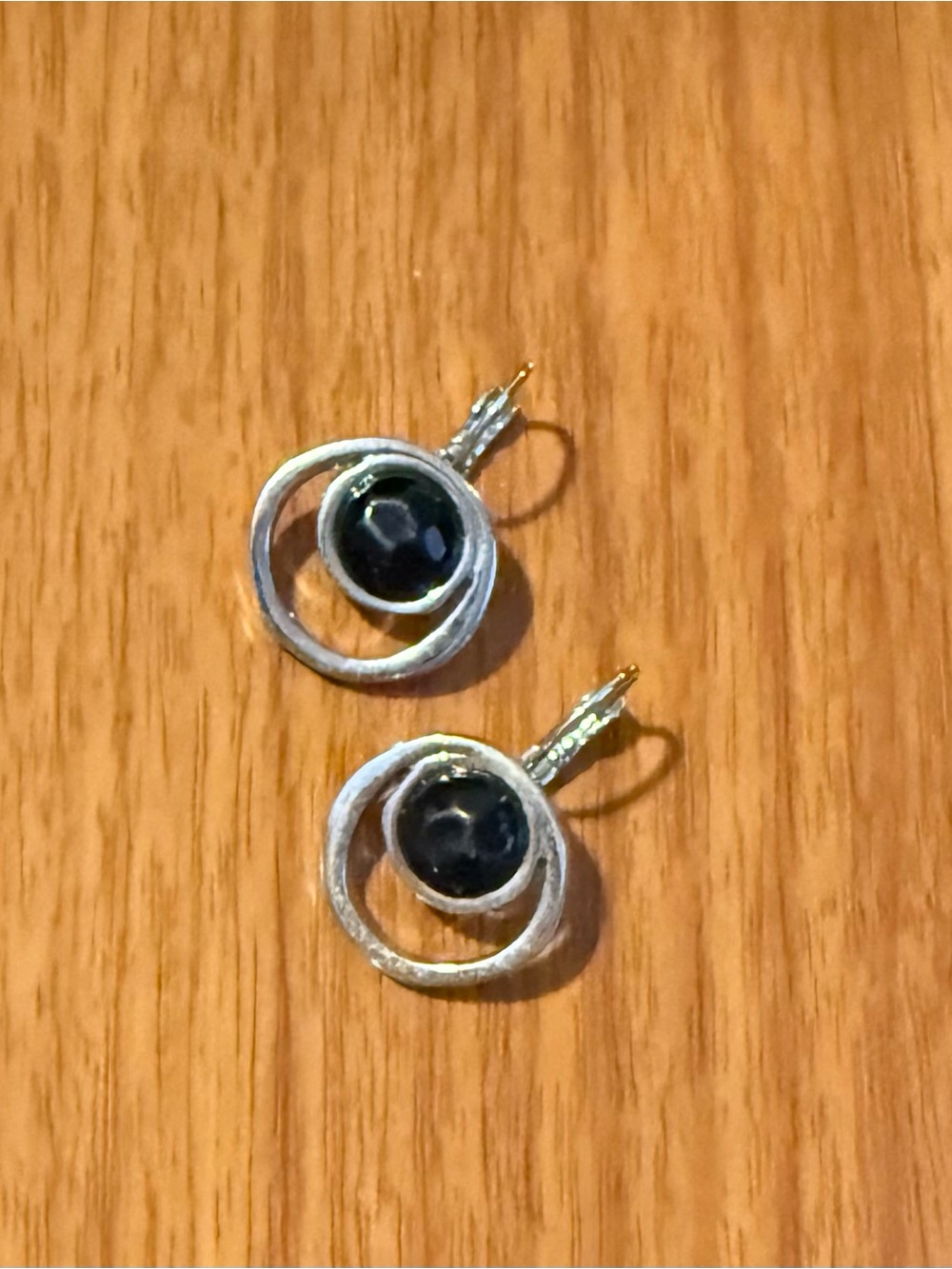 Silver Hoop Earrings with Black Stone Accent